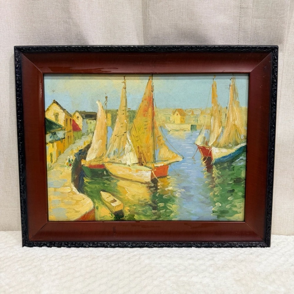 Vintage Impressionist Style Oil Painting of Harbor with Sailing Boats